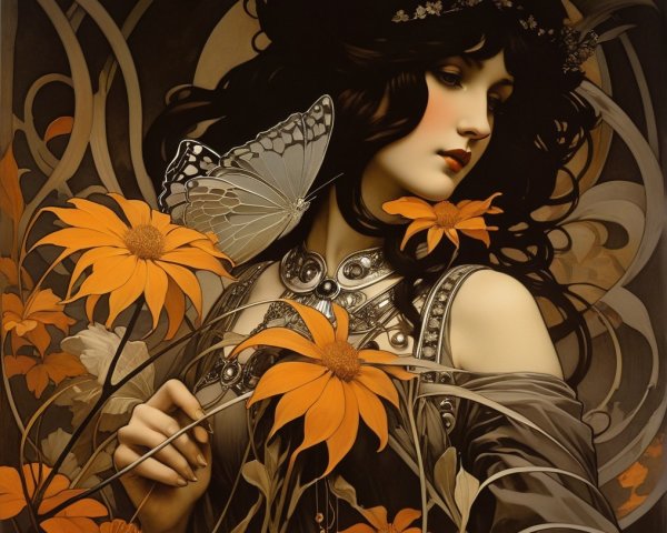 Serene Woman with Flowers and Butterfly in Artwork