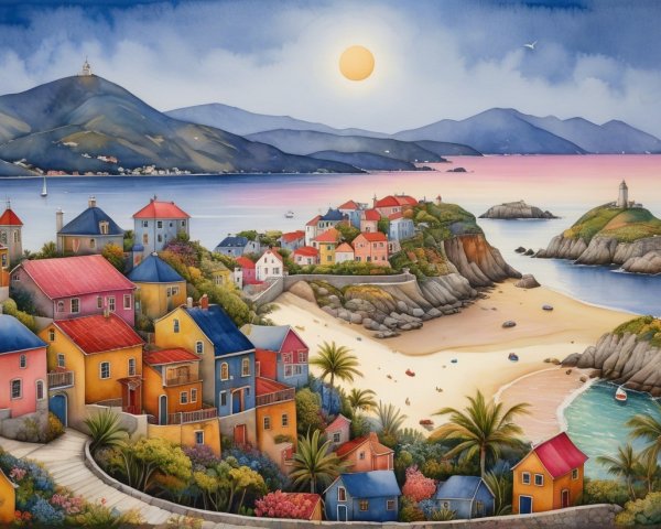 Vibrant Coastal Village with Colorful Houses and Bay
