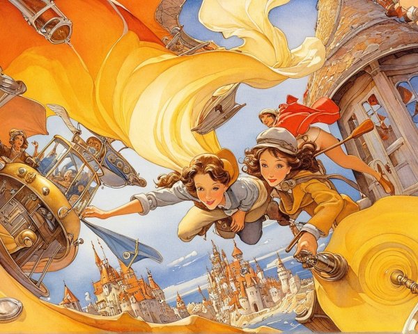 Whimsical Scene of Girls Flying with a Flag and Castles