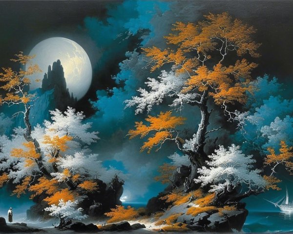 Moonlit Landscape with Rugged Coast and Vibrant Trees