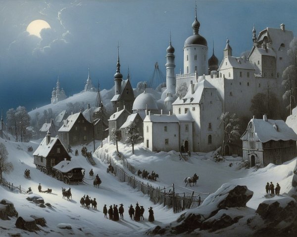 Winter Village Scene Under Moonlight with Snow Cover