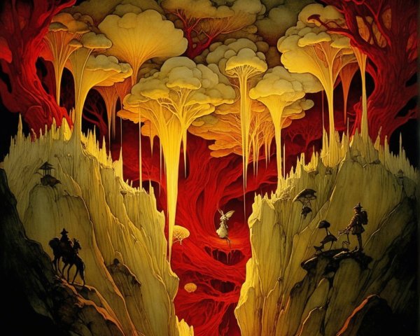Mystical Landscape with Glowing Mushrooms and Figures