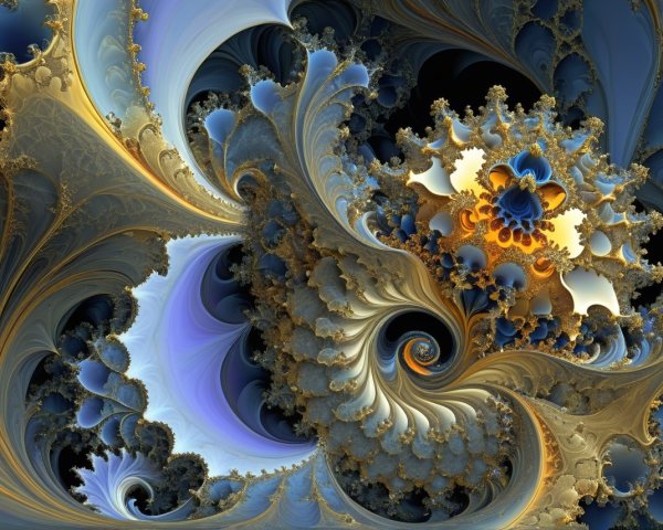Intricate Fractal Design with Swirling Patterns in Blue and Gold