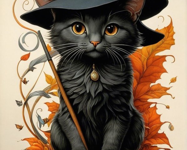 Whimsical Black Cat with Witch Hat Among Autumn Decor