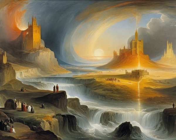Fantastical Landscape with Castles and Dramatic Sky