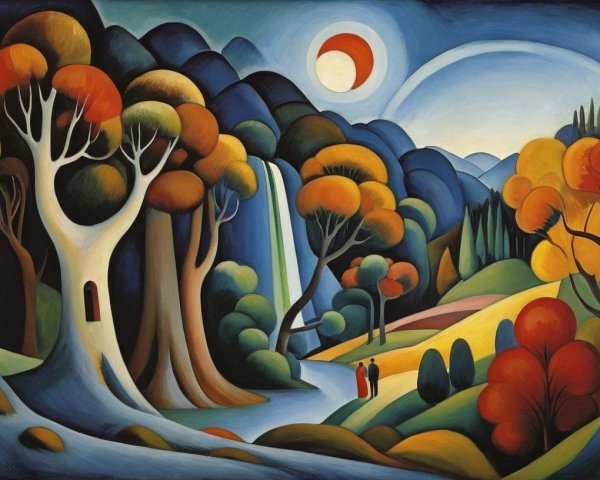 Vibrant Autumn Landscape with Waterfall and Figures