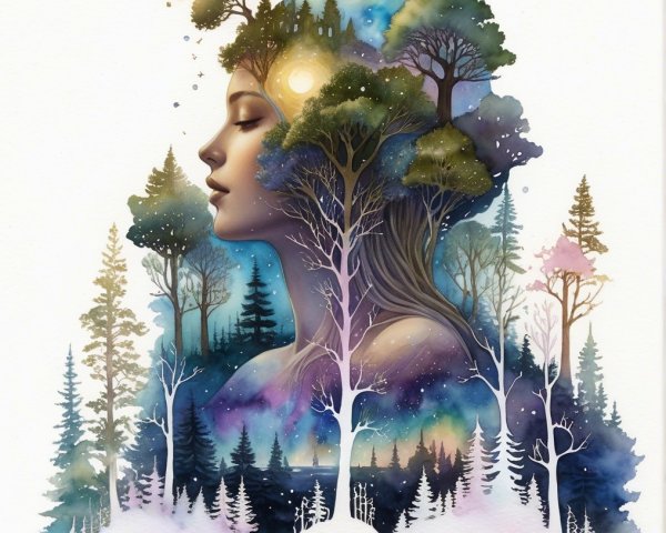 Surreal Illustration of Woman Merging with Nature