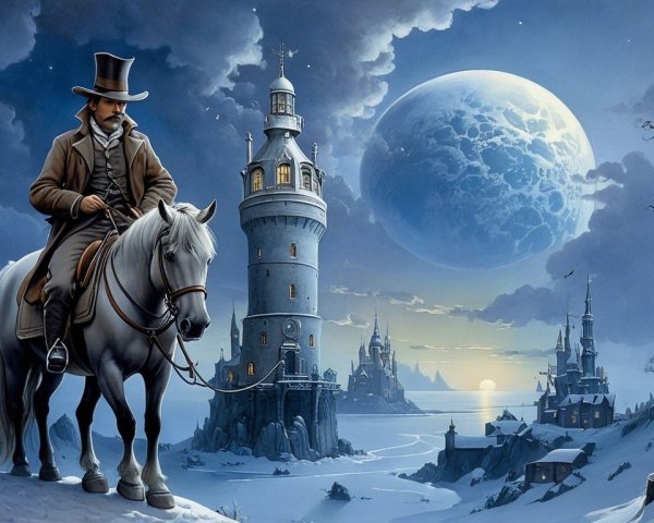 Lone Figure on Horse in Snowy Landscape with Castle