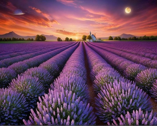 Lavender Field at Sunset with Chapel and Mountains