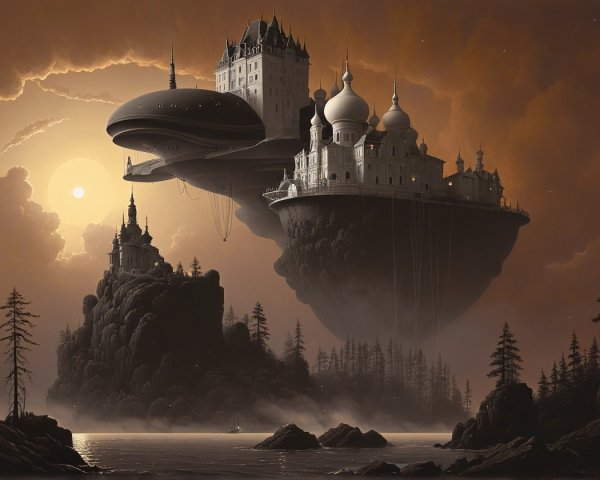 Surreal Landscape with Floating Castle and Dramatic Sky