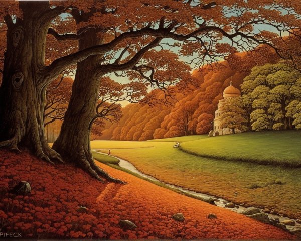 Tranquil Autumn Landscape with Trees and Stream