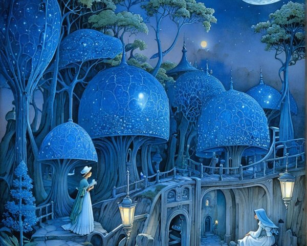 Mystical Nightscape with Glowing Blue Trees and Village