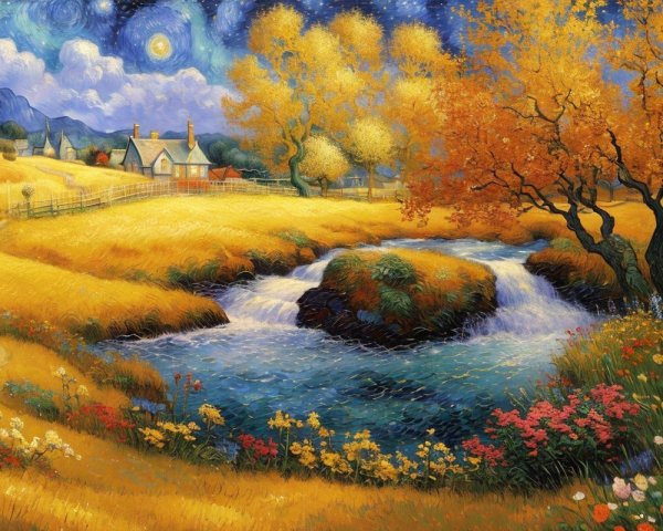 Scenic countryside painting with river, autumn trees, flowers, fields, cottages, starry sky