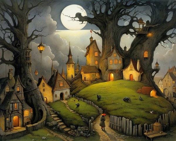Whimsical village under moonlight with charming houses