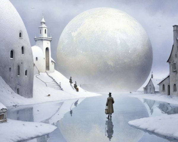 Surreal Winter Landscape with Ethereal Moon and River