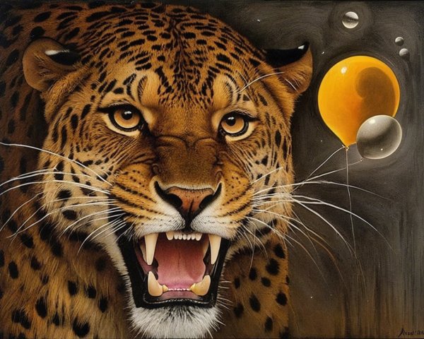 Realistic leopard with balloon and bubbles in dark scene
