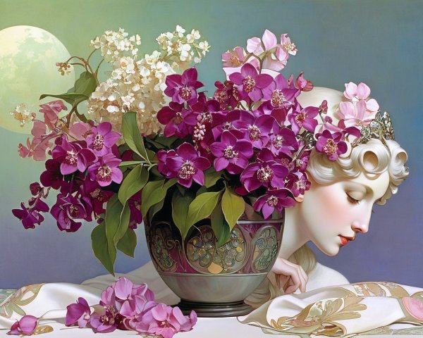 Ethereal Scene of Woman with Flowers and Moonlight