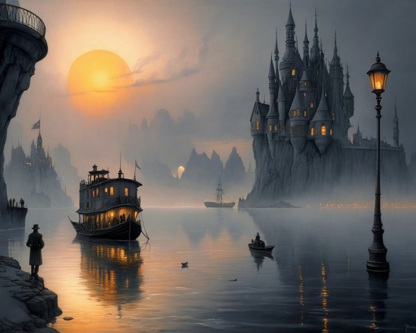 Twilight Scene of Castle and River at Sunset
