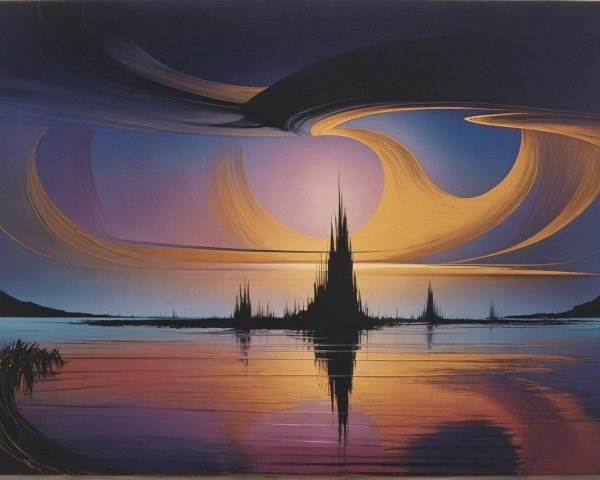 Surreal Landscape with Vibrant Sunset and Spires