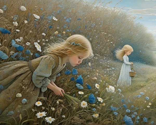 Young girls in a serene landscape picking flowers