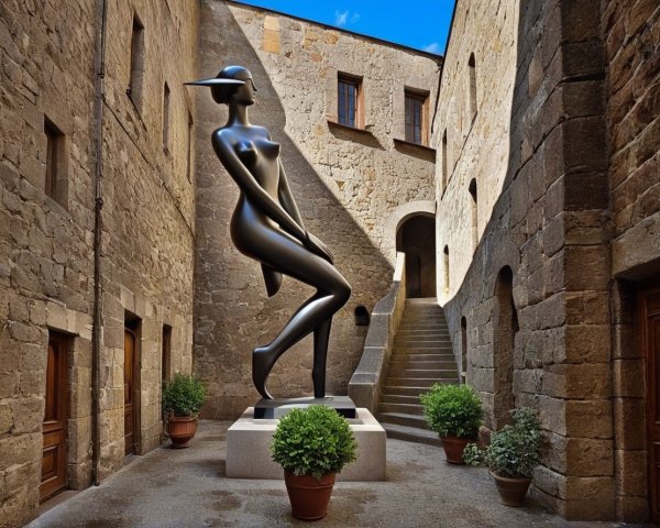 Abstract Sculpture of Woman in Historic Alley