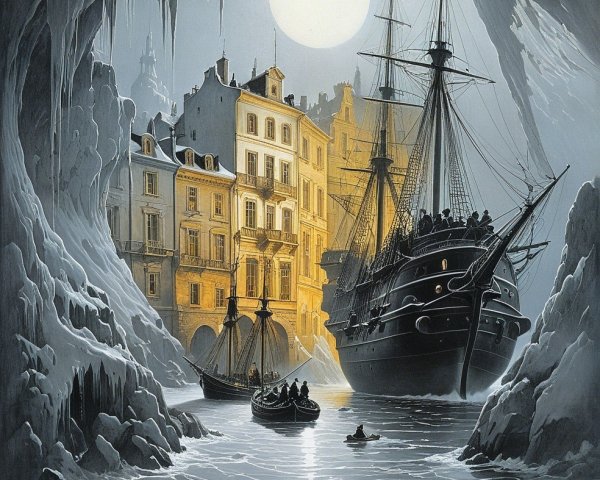 Serene Night Harbor Scene with Full Moon and Ships