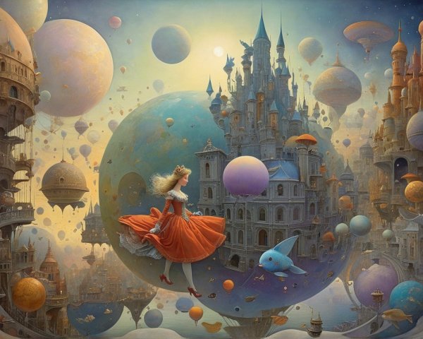 Whimsical Landscape with Girl and Ethereal Balloons