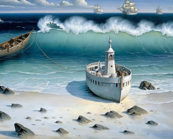 Coastal Scene with Waves, Boats, and Distant Ships