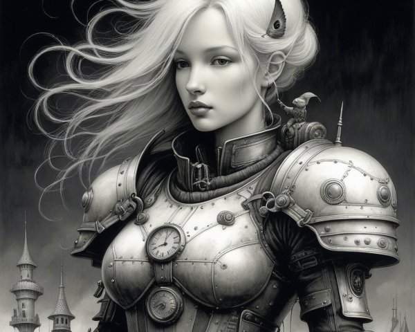 Futuristic Steampunk Female Figure in Metallic Armor