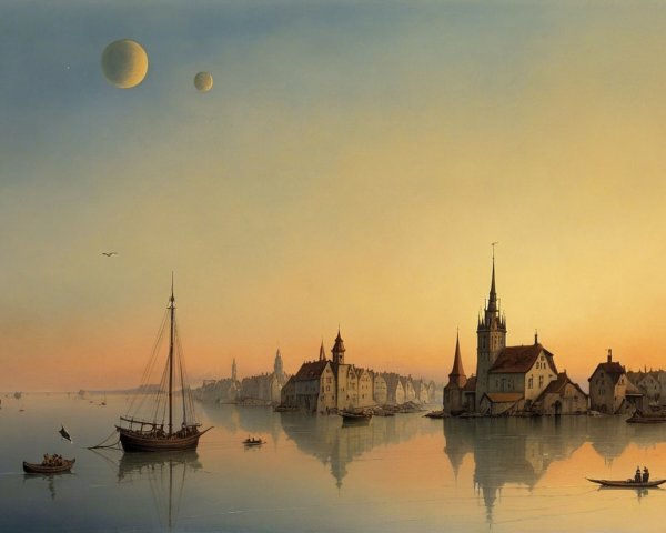 Tranquil Lakeside Town at Dusk with Celestial Bodies