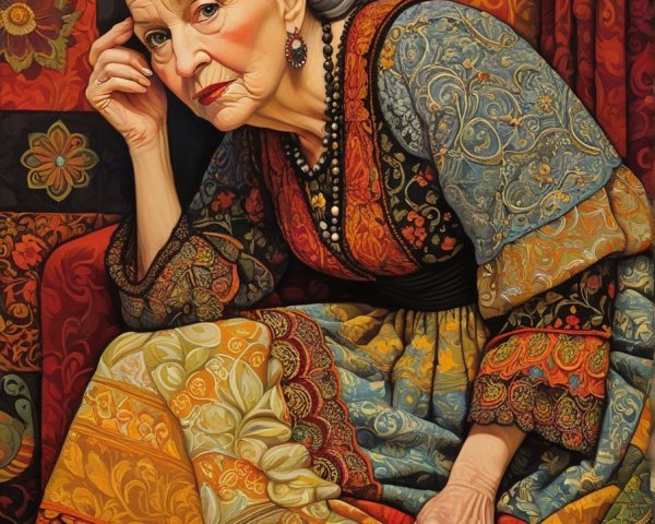 Elderly Woman in Colorful Floral Dress and Patterns