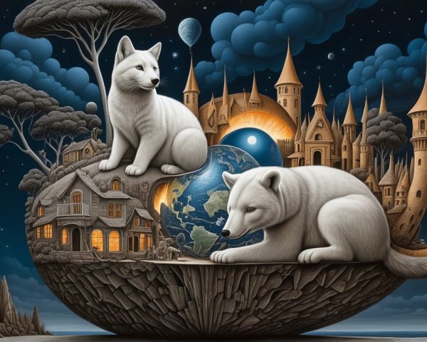 Two White Foxes on a Surreal Globe Landscape