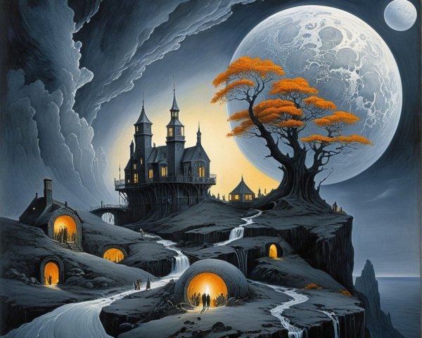 Gothic Castle Landscape Under Oversized Moonlight