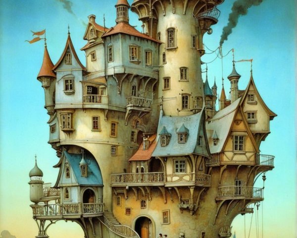 Whimsical Castle with Steep Roofs and Towers Above Water