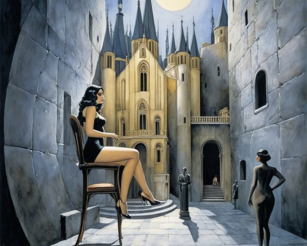 Surreal Urban Landscape with Gothic Architecture and Figure