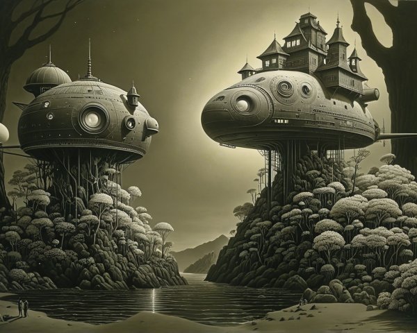 Floating Structures Above Lush Green Islands and Lake
