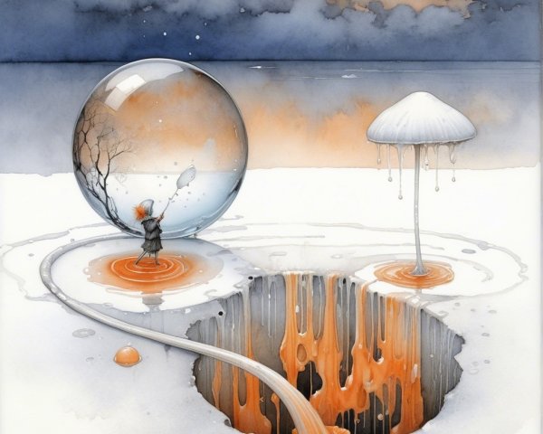 Surreal Landscape with Glass Orb and Dreamlike Terrain