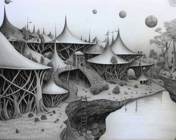 Surreal Landscape with Whimsical Tree-like Structures