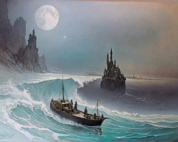 Dramatic Seascape with Boat and Moonlit Castle