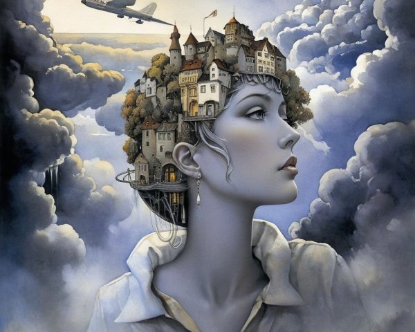 Surreal Portrait of Woman with Cityscape and Clouds