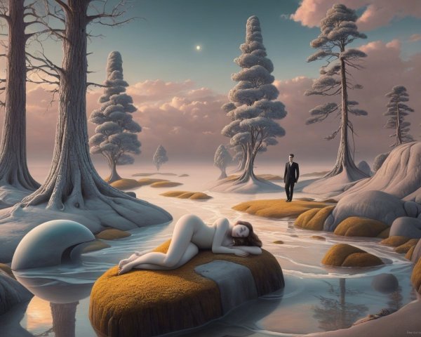 Surreal Landscape with Woman and Icy Trees