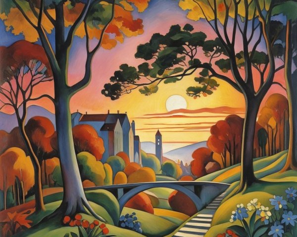 Vibrant Landscape with Sunset and Quaint Village Scene