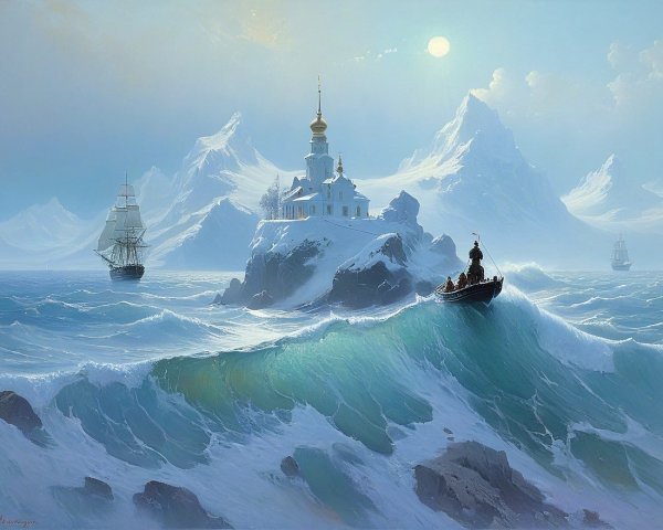 Icy Archipelago with Church and Tall Ships at Sea