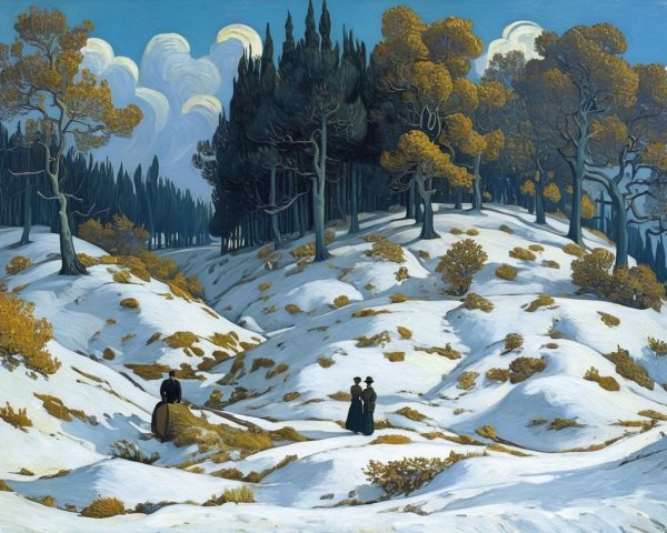 Serene Winter Landscape with Snowy Hills and Trees