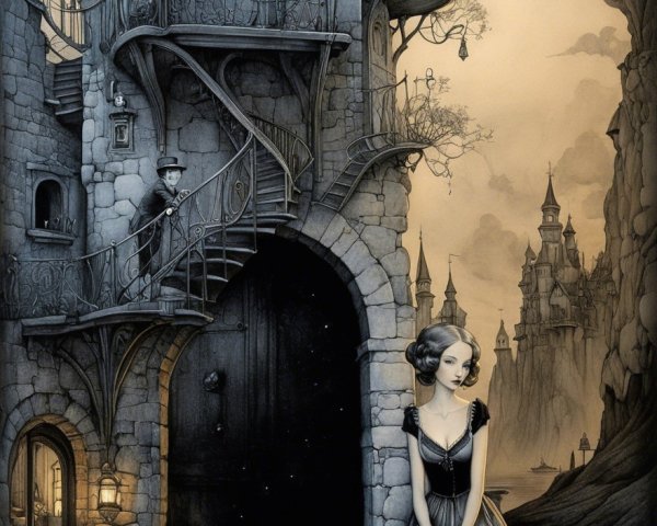 Gothic Scene with Stone Architecture and Water Setting