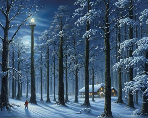 Tranquil Winter Scene with Snowy Forest and Cabin