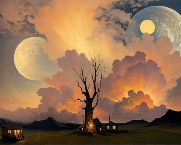 Surreal Landscape with Glowing Tree and Vintage Caravan