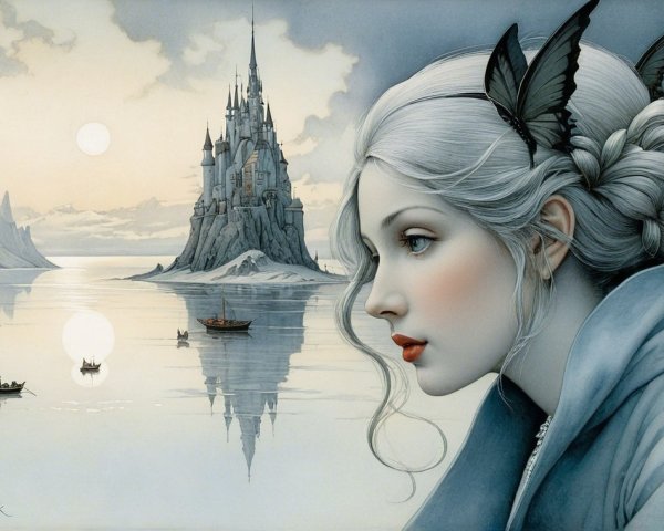 Serene Young Woman Gazing at Distant Castle Island