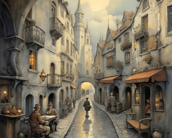 Narrow Cobblestone Street with Quaint Architecture and Moon
