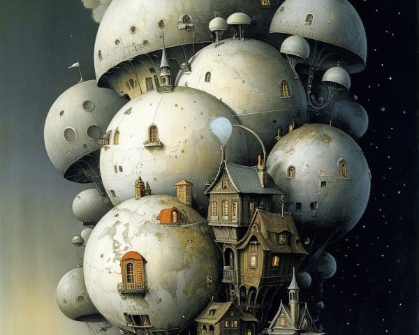 Surreal Landscape with Spherical Structures and Clouds